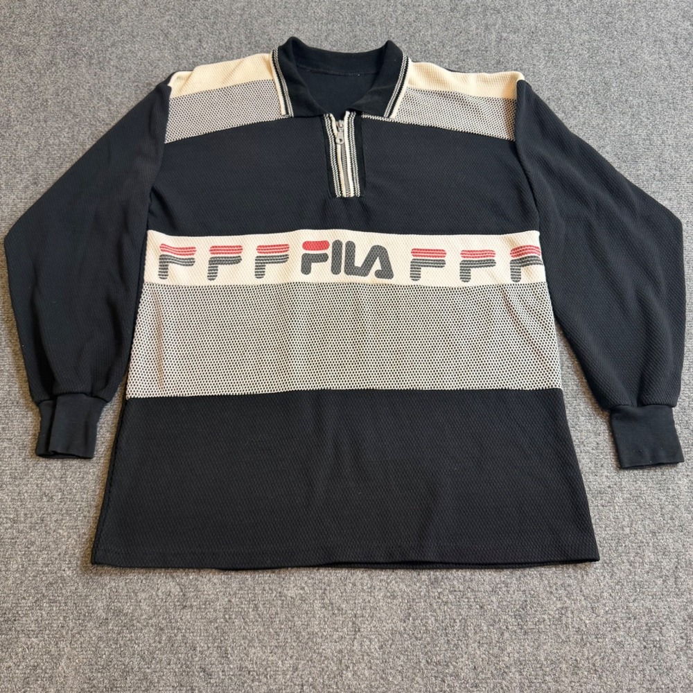 Fila Mens Vintage Quarter Zip Long Sleeve Polo Shirt Black Colorblock Logo XL